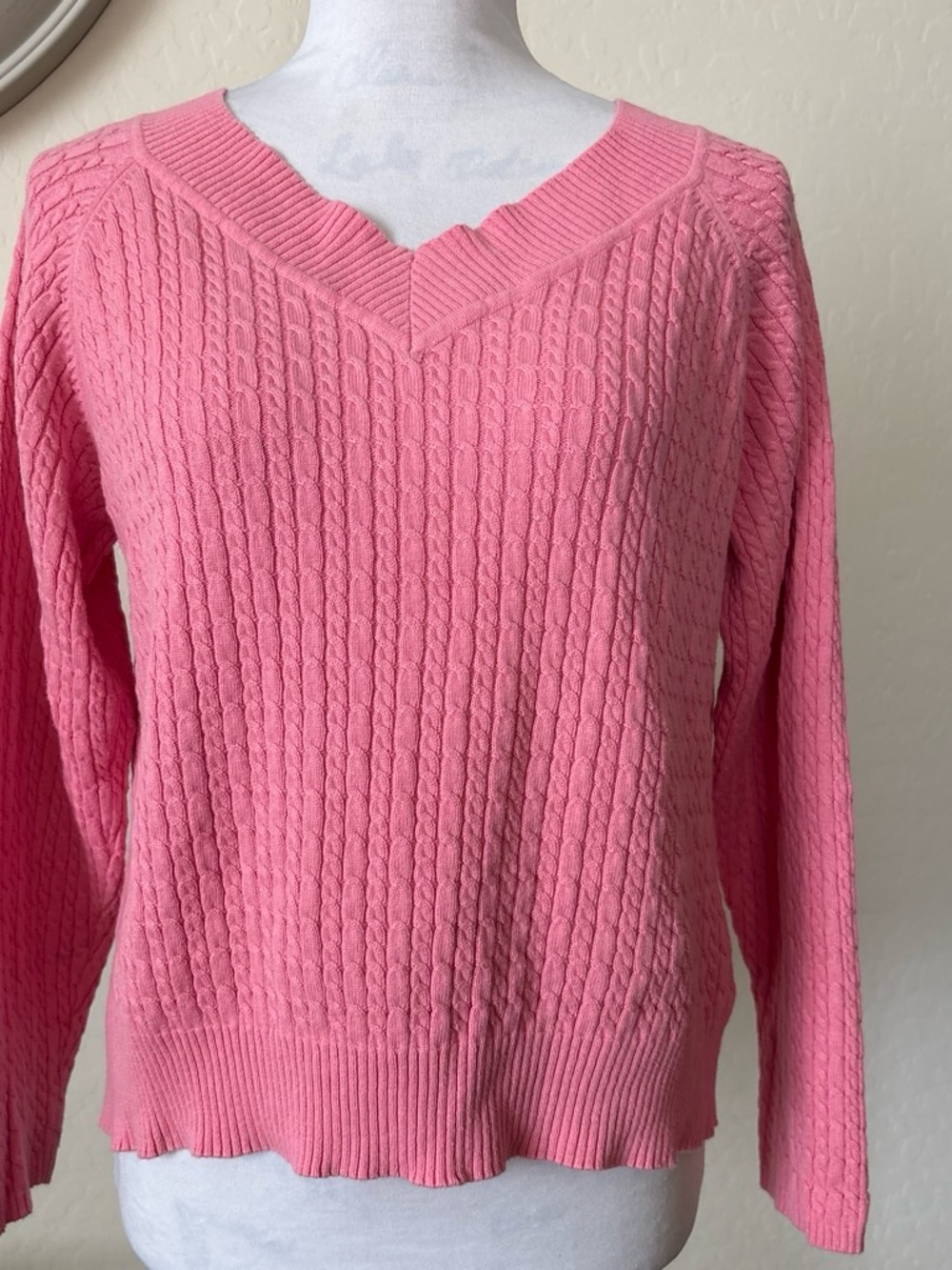 Charter Club Pink cotton Cable-Knit V-Neck Sweater. LP